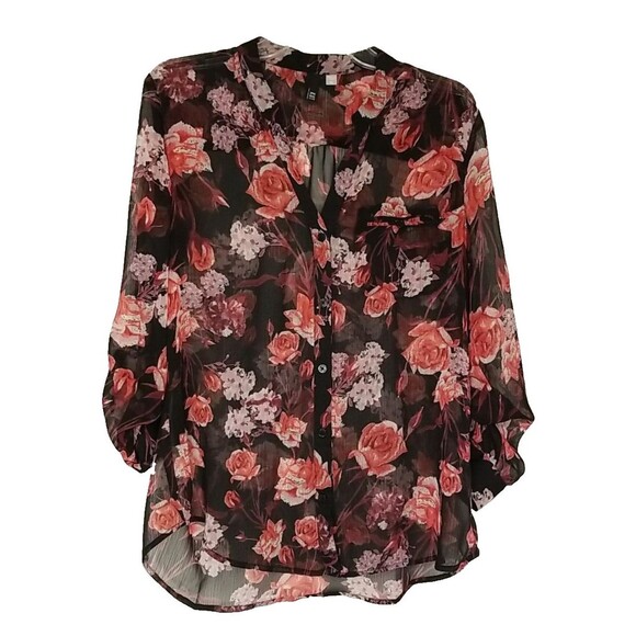 Kut from the Kloth Top Womens Medium Black Red Floral Sheer Long Sleeve      T40 - Picture 1 of 5